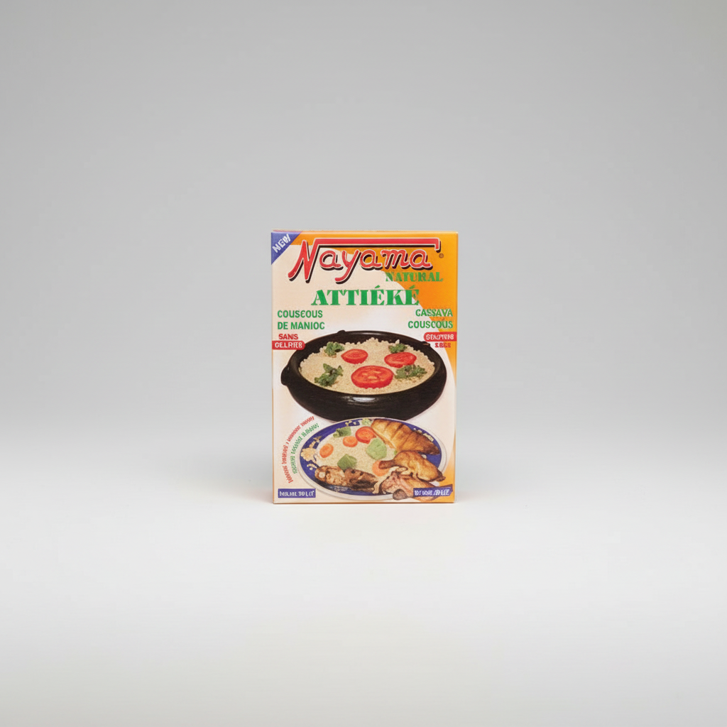 Packaging for ATTIEKE BOX, featuring an image of the product, which is a prepared meal, and the brand name 'African Grocery Online'.