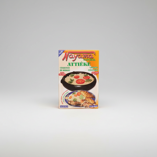 Packaging for ATTIEKE BOX, featuring an image of the product, which is a prepared meal, and the brand name 'African Grocery Online'.