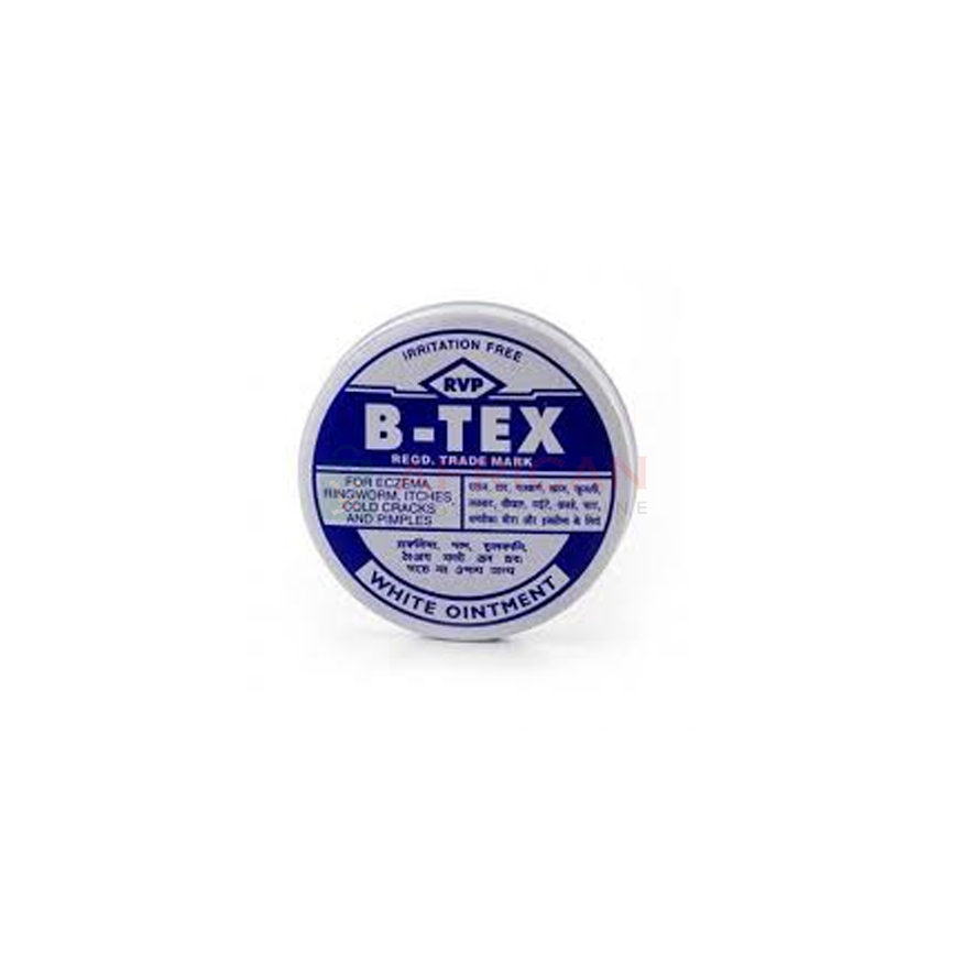 A container of B-TEX white ointment with a blue and white label, indicating the product is for external use only and not for ingestion.