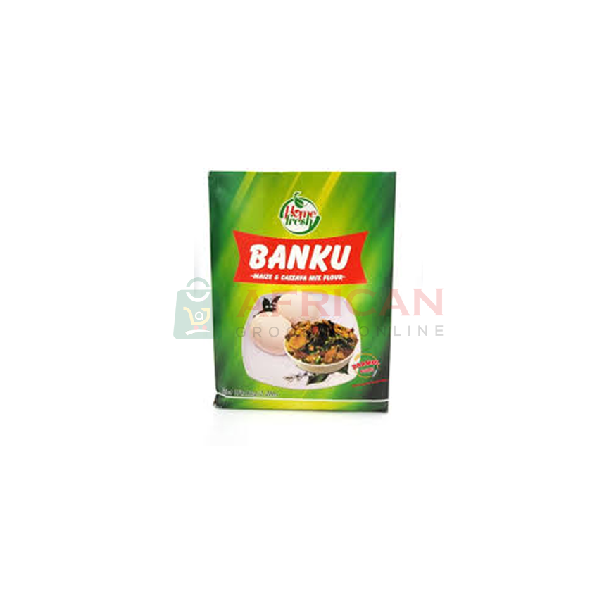 A package of Banku fresh plantain with a green and red label, indicating it is a product of Ghana.