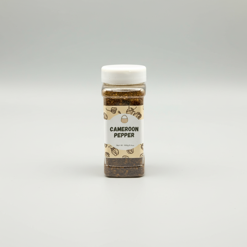 A bottle of BCS CAMEROON PEPPER, with the label showing the product name and a website address.
