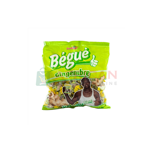 A package of Begue Gingerbread candy featuring a green color scheme with an image of a person on the front.