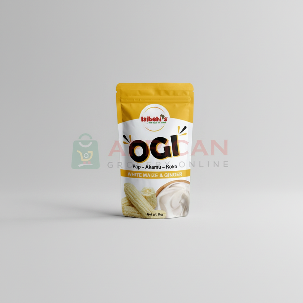 A packaged product labeled 'Lisan's BLOPAMED OGI FLOUR' with a weight indication of 500g, predominantly yellow and white in color, with an 'African Grocery' tag.