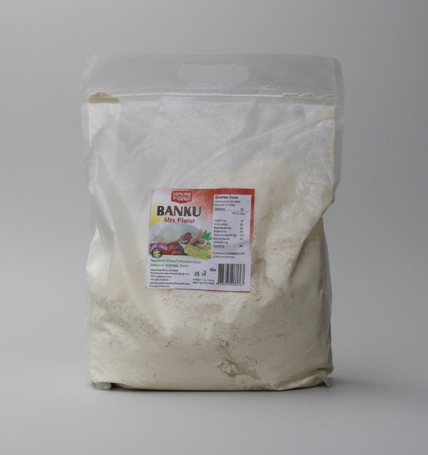 Bag of Banku Mix Flour with a visible label on a plain background
