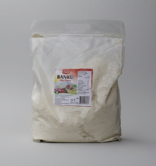 Bag of Banku Mix Flour with a visible label on a plain background
