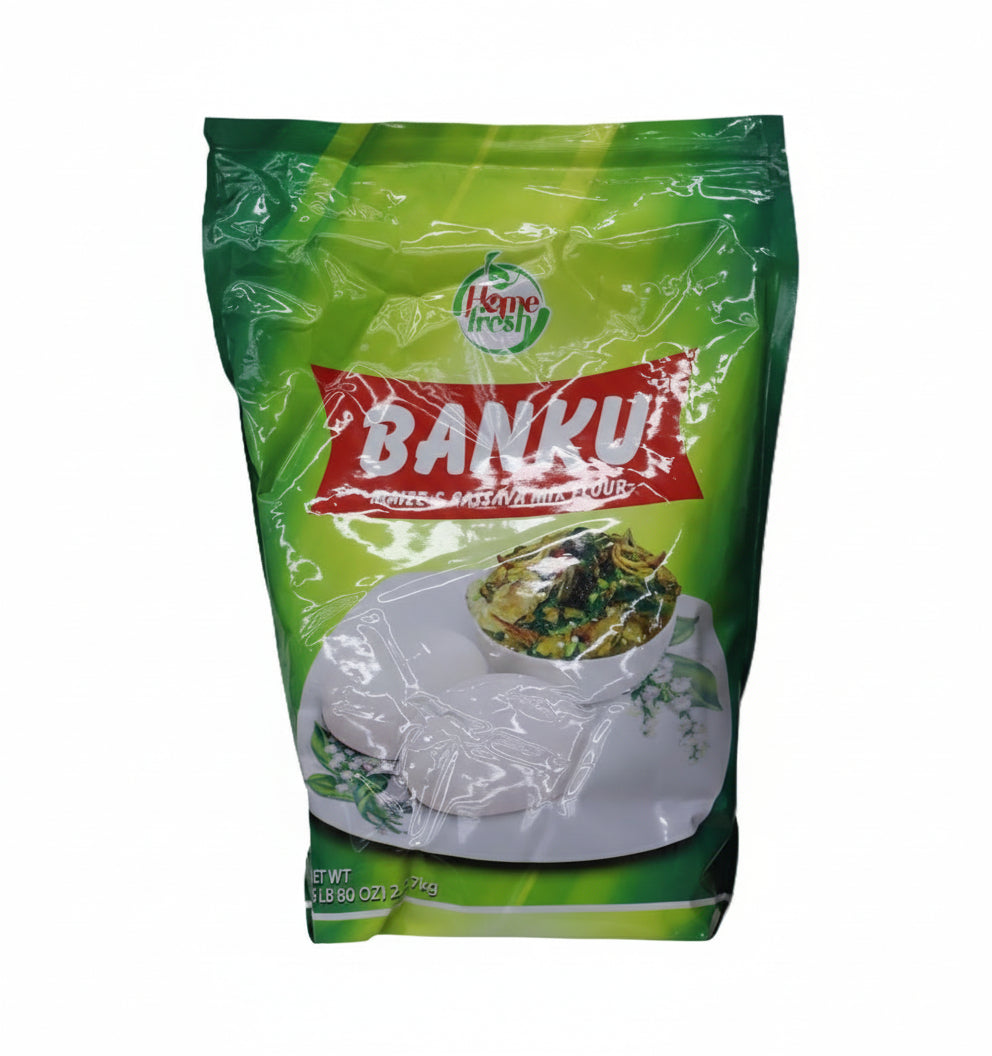 Green package of Banku with a bowl of food on a white background
