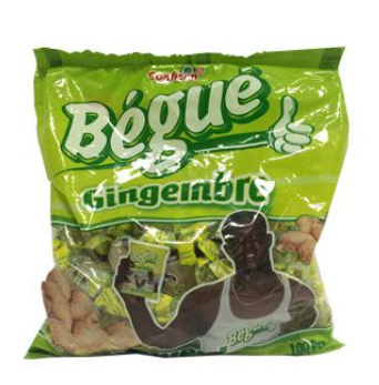 Green package of Bégue Gingembre with gingerbread man design