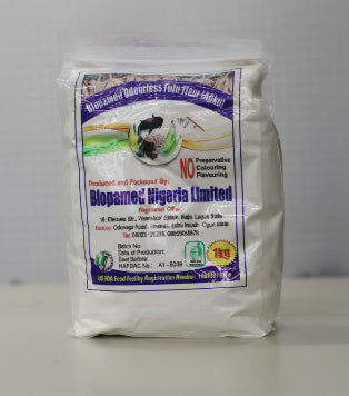 White bag with a label from Blopamed Nigeria Limited on a white background