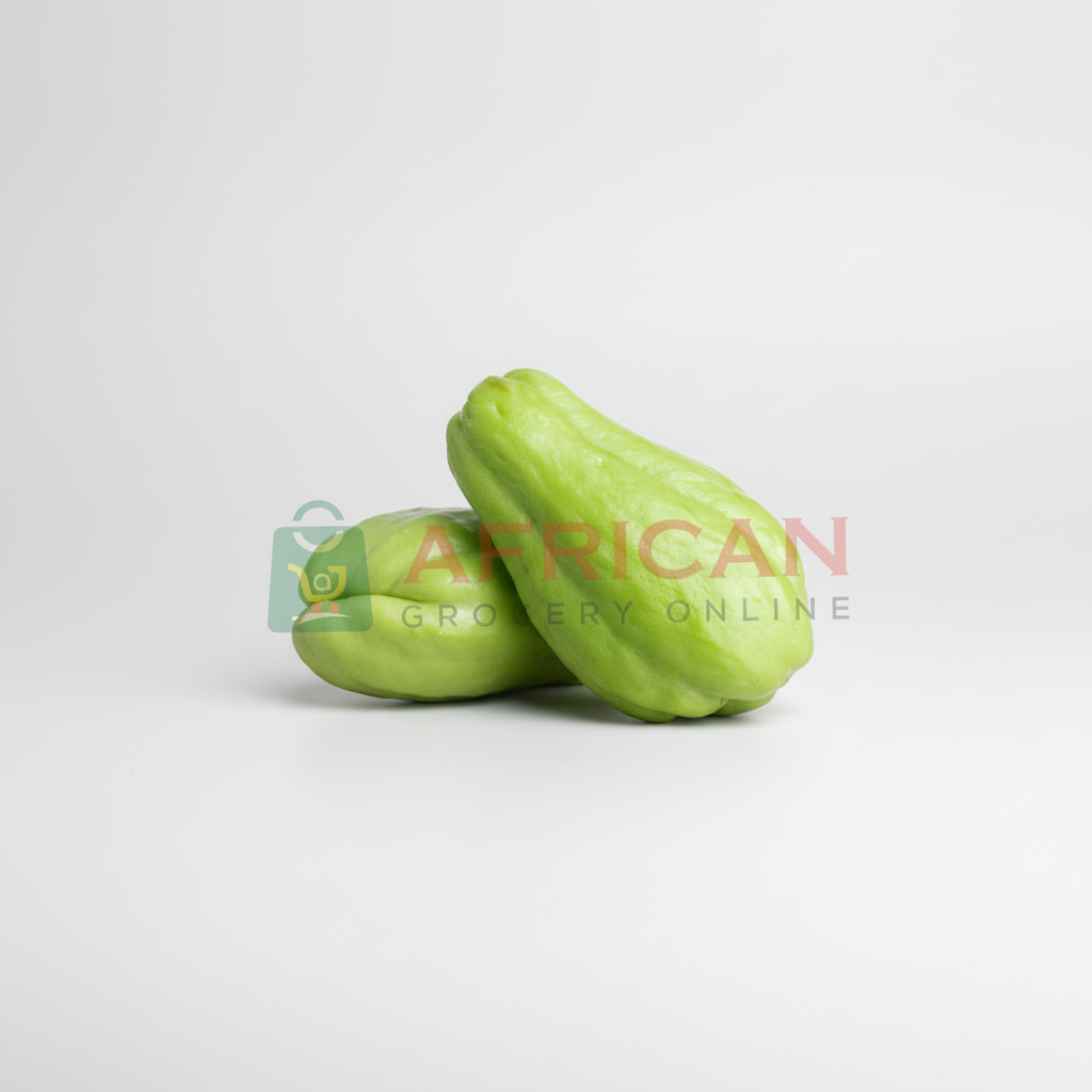 A single fresh chayote placed on a white background with a visible brand logo 'African Grocery Online'.