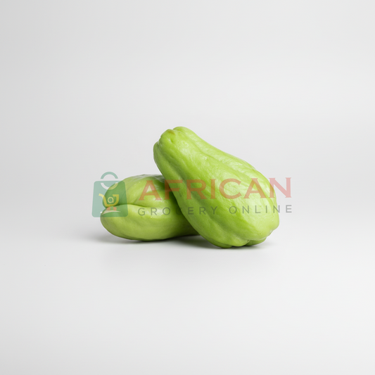 A single fresh chayote placed on a white background with a visible brand logo 'African Grocery Online'.