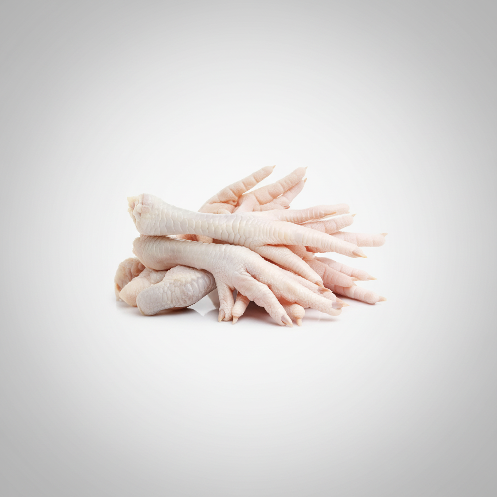 A pile of raw chicken feet on a white background, with a label indicating 'African Grocery Online'.