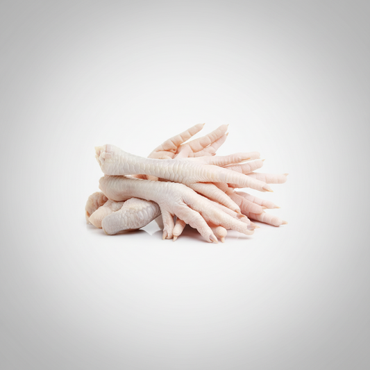 A pile of raw chicken feet on a white background, with a label indicating 'African Grocery Online'.