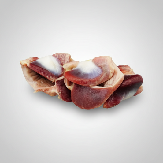 A pile of raw chicken gizzards with a visible brand logo in the corner.