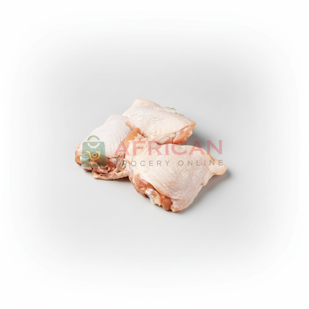 A frozen chicken thigh with a label indicating 'African Grocery Online'.