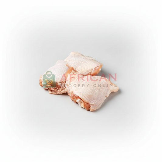 A frozen chicken thigh with a label indicating 'African Grocery Online'.