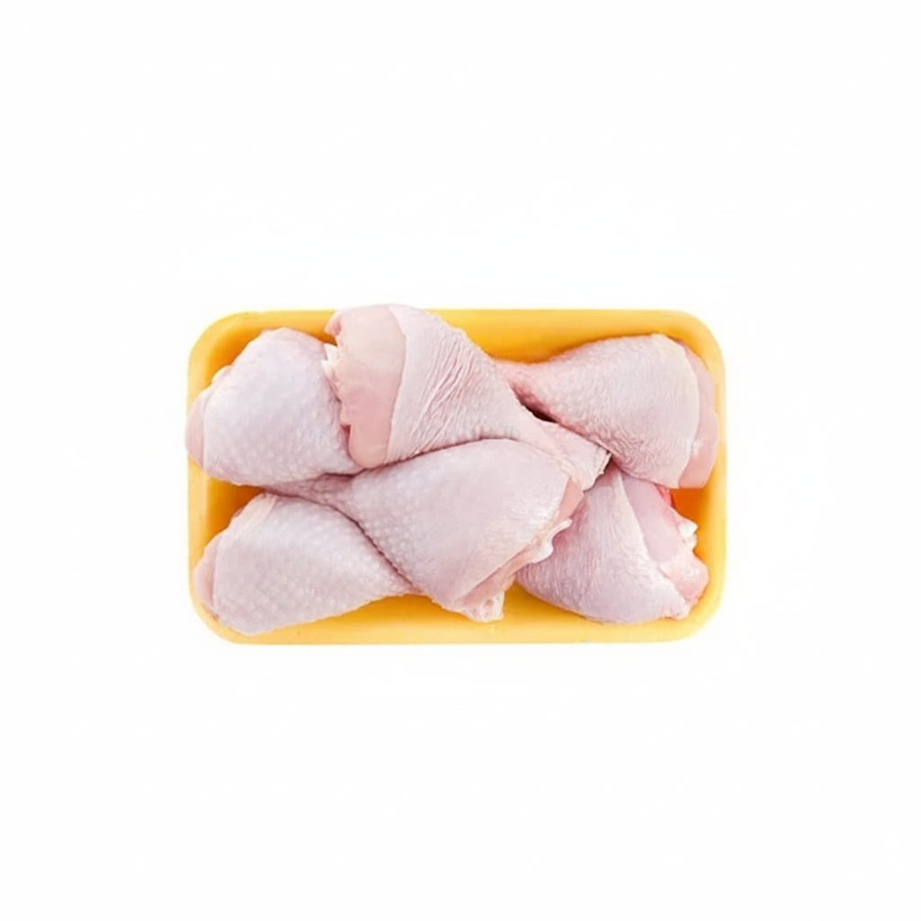 A tray of frozen chicken drumsticks.