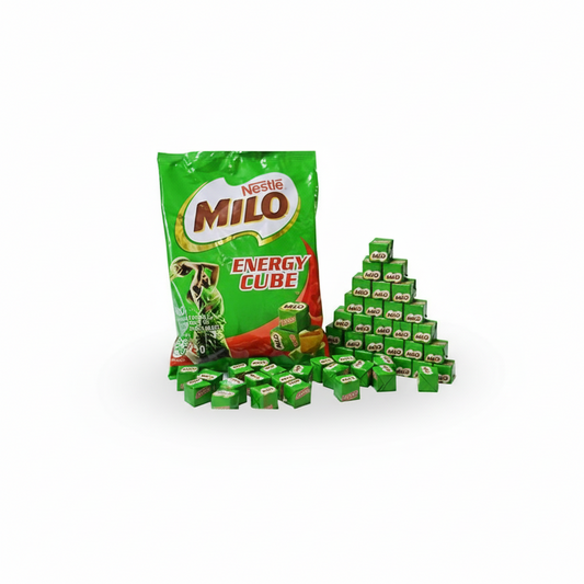A package of MILO Energy Cube snacks with several individual cubes displayed in front.
