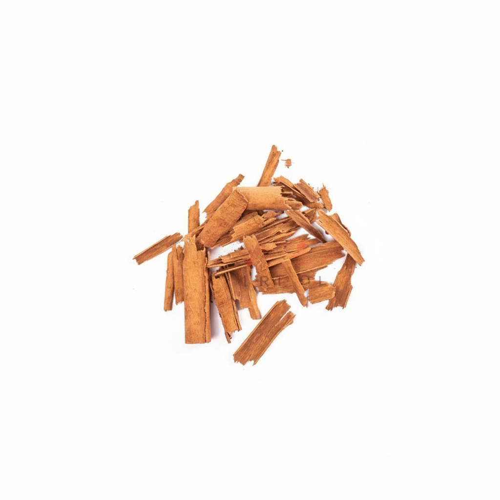 A pile of dried cinnamon sticks on a white background.
