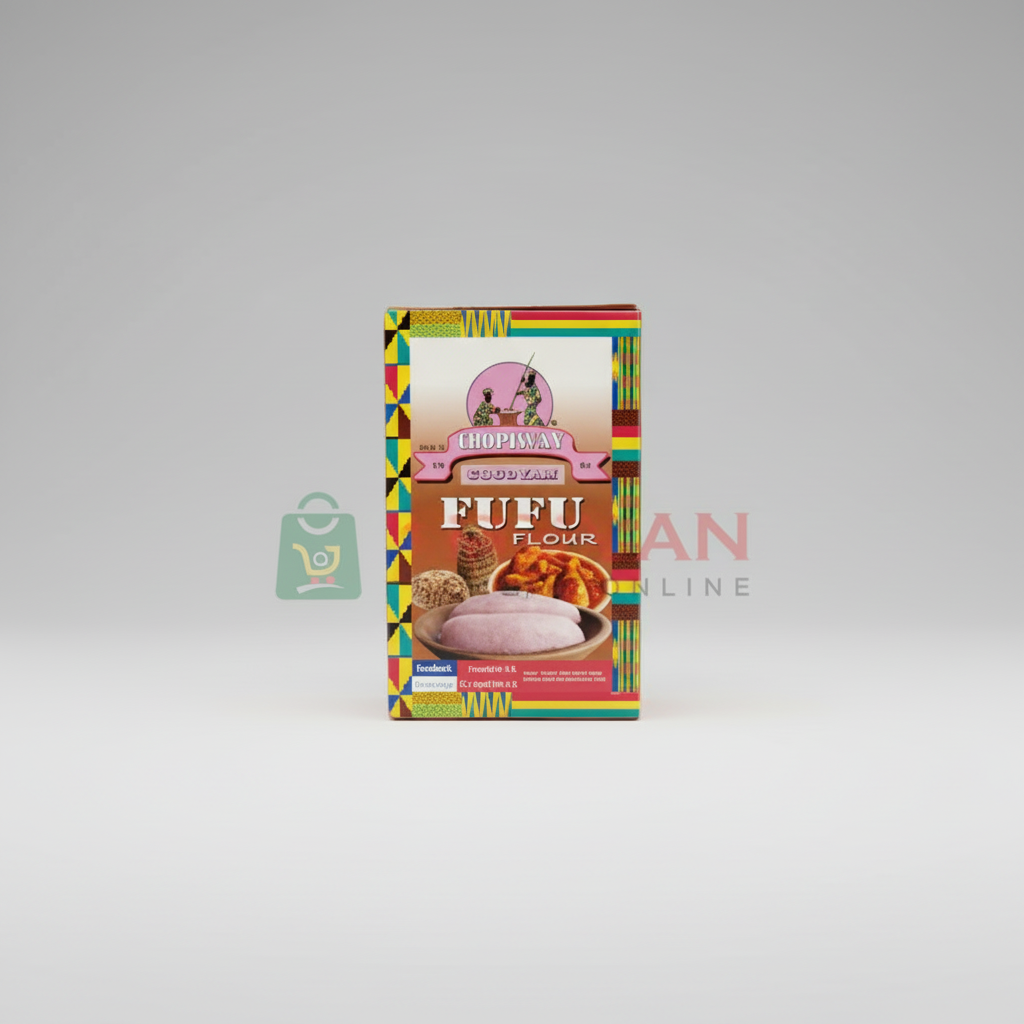 Packaging for COCOYAM FUFU, displaying the product name and a picture of the cocoyam root, with a colorful pattern at the top.