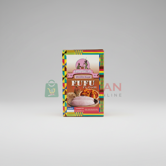 Packaging for COCOYAM FUFU, displaying the product name and a picture of the cocoyam root, with a colorful pattern at the top.