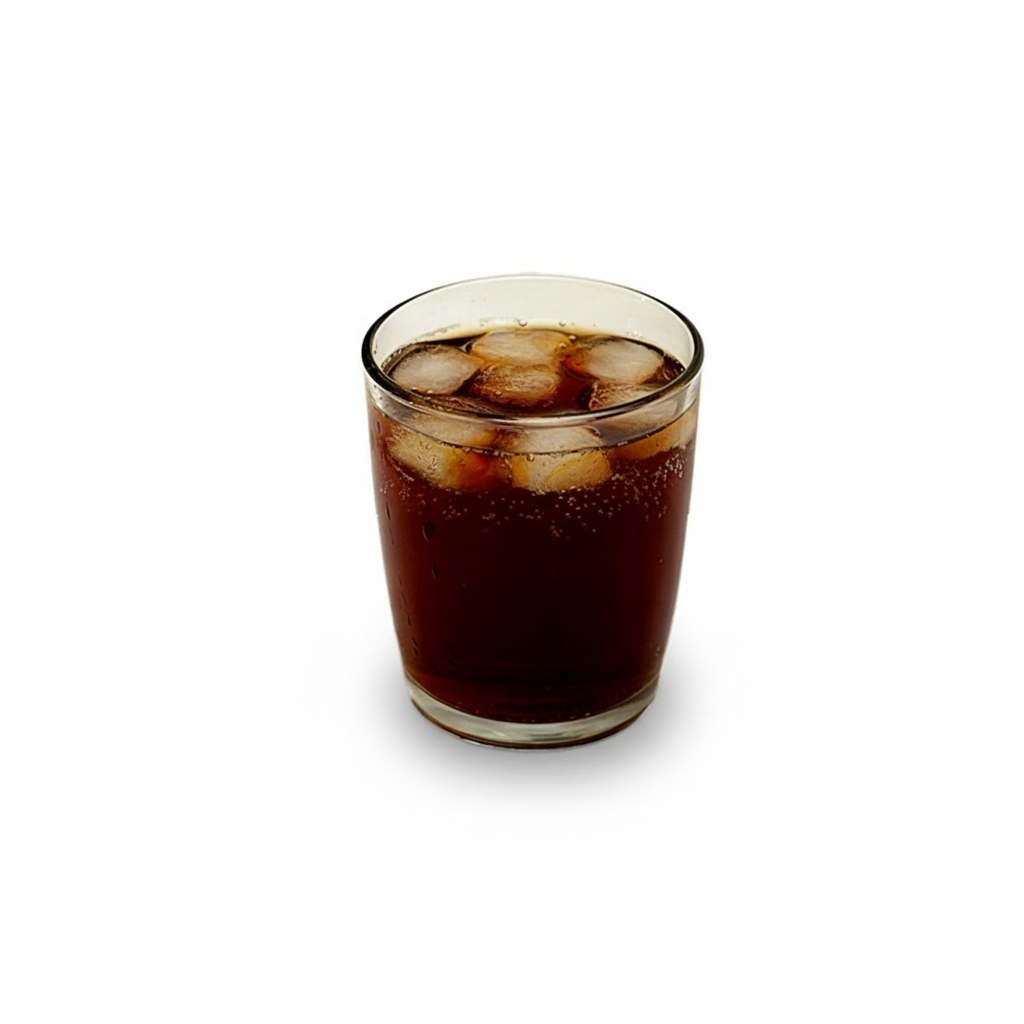 A glass of Coca-Cola with ice cubes, placed on a table with a clear background.