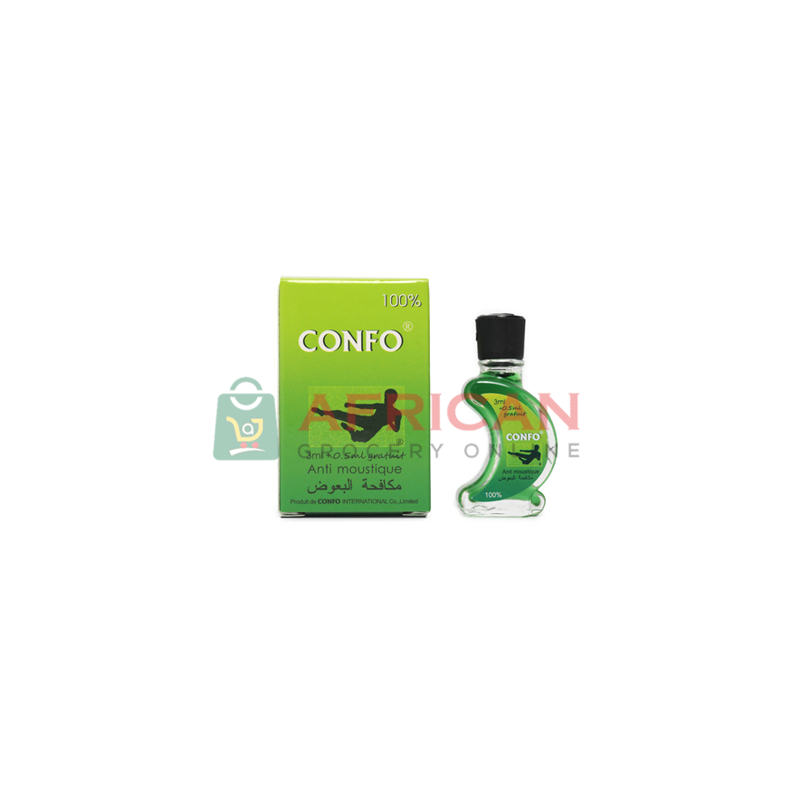 A product image showing a green box packaging with 'CONFO' brand and a small bottle of the product, next to the box with a label reading '100% Vegetarian' and '100% Halal'.