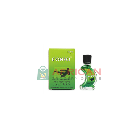 A product image showing a green box packaging with 'CONFO' brand and a small bottle of the product, next to the box with a label reading '100% Vegetarian' and '100% Halal'.
