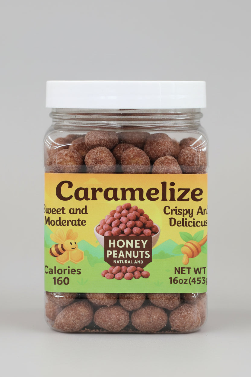 Jar of honey roasted peanuts with a label on a red background