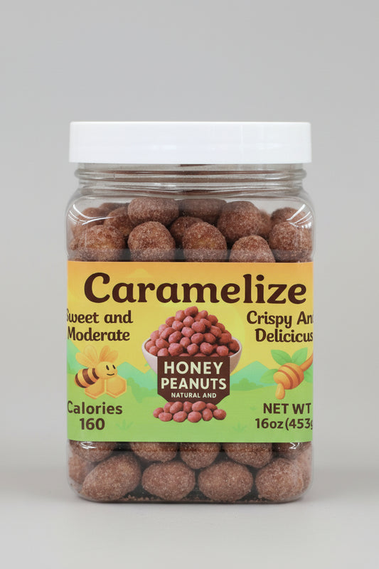 Jar of honey roasted peanuts with a label on a red background