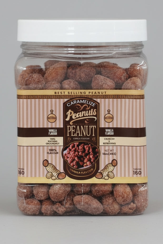 Jar of caramelized peanuts with a visible label on a red background