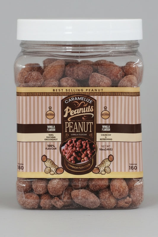 Jar of caramelized peanuts with a visible label on a red background