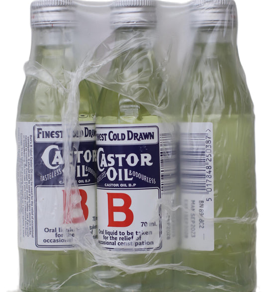 Six-pack of Castor Oil bottles in clear plastic packaging.