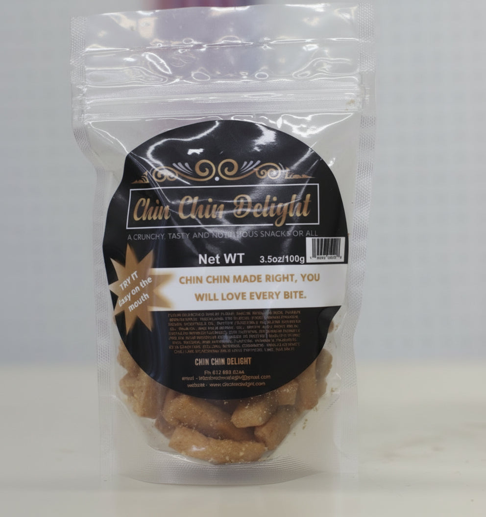 Packaged snack with 'Chin Chin Delight' label on a white background