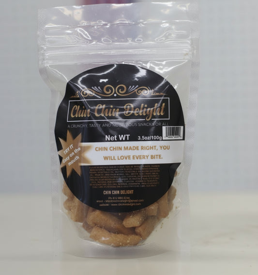 Packaged snack with 'Chin Chin Delight' label on a white background