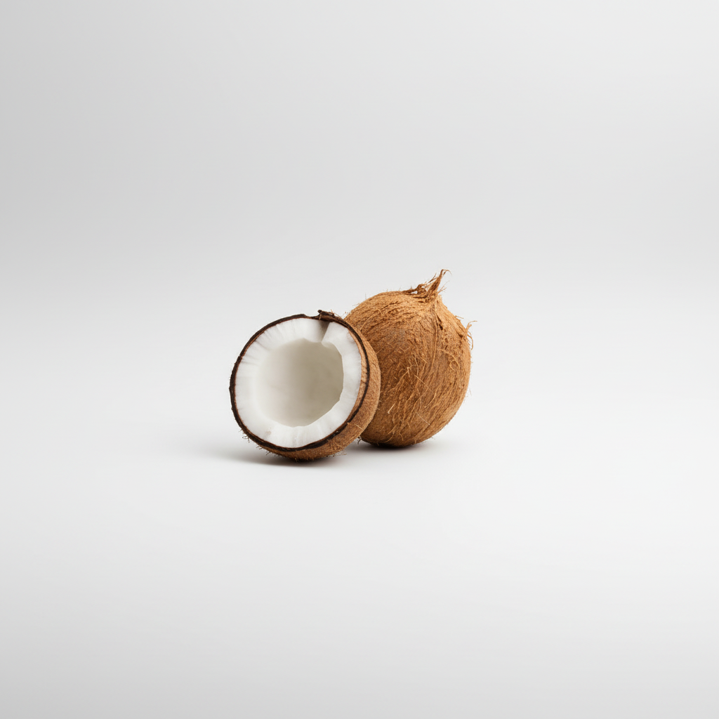 A fresh coconut with a brown husk and a white interior, placed on a white background with a logo and text in the background that reads 'African Grocery Online'.