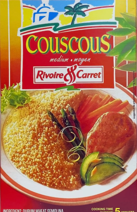 Couscous package with Rivoire Carret branding on a colorful background