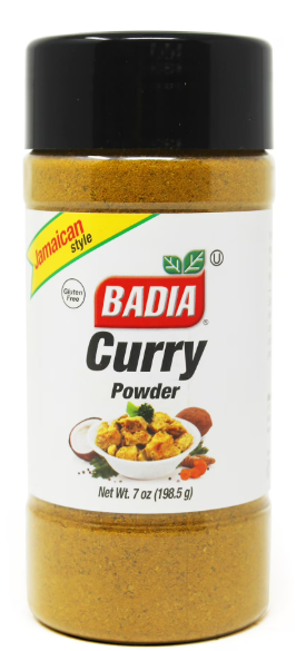 Badia Curry Powder jar with black lid on a white background