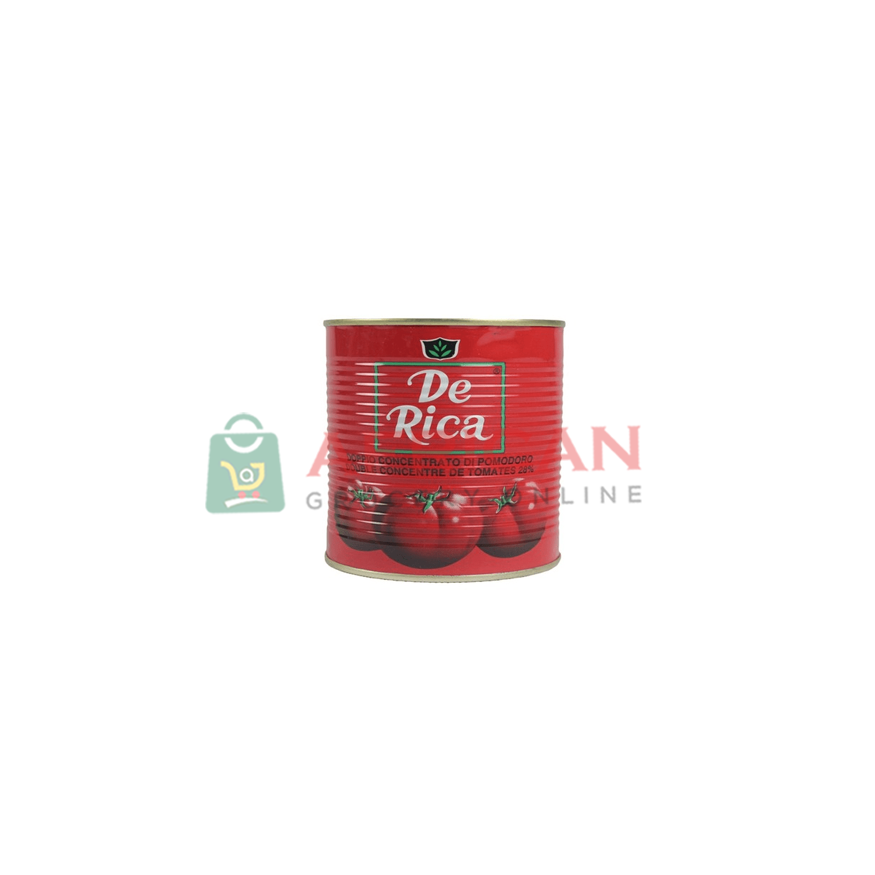 A can of De Rica large tomatoes, with a red background and visible branding.