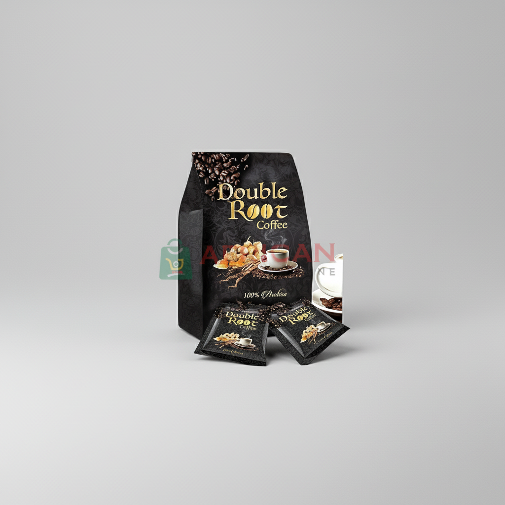 Packaging of Double Root Coffee with a cup and two packets of coffee on the front.