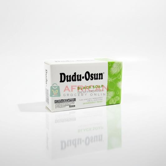 A pack of DUDU OSUN AFRICAN FLAKESPAN bar soap, with packaging that is predominantly white and green, indicating the product is for personal care.