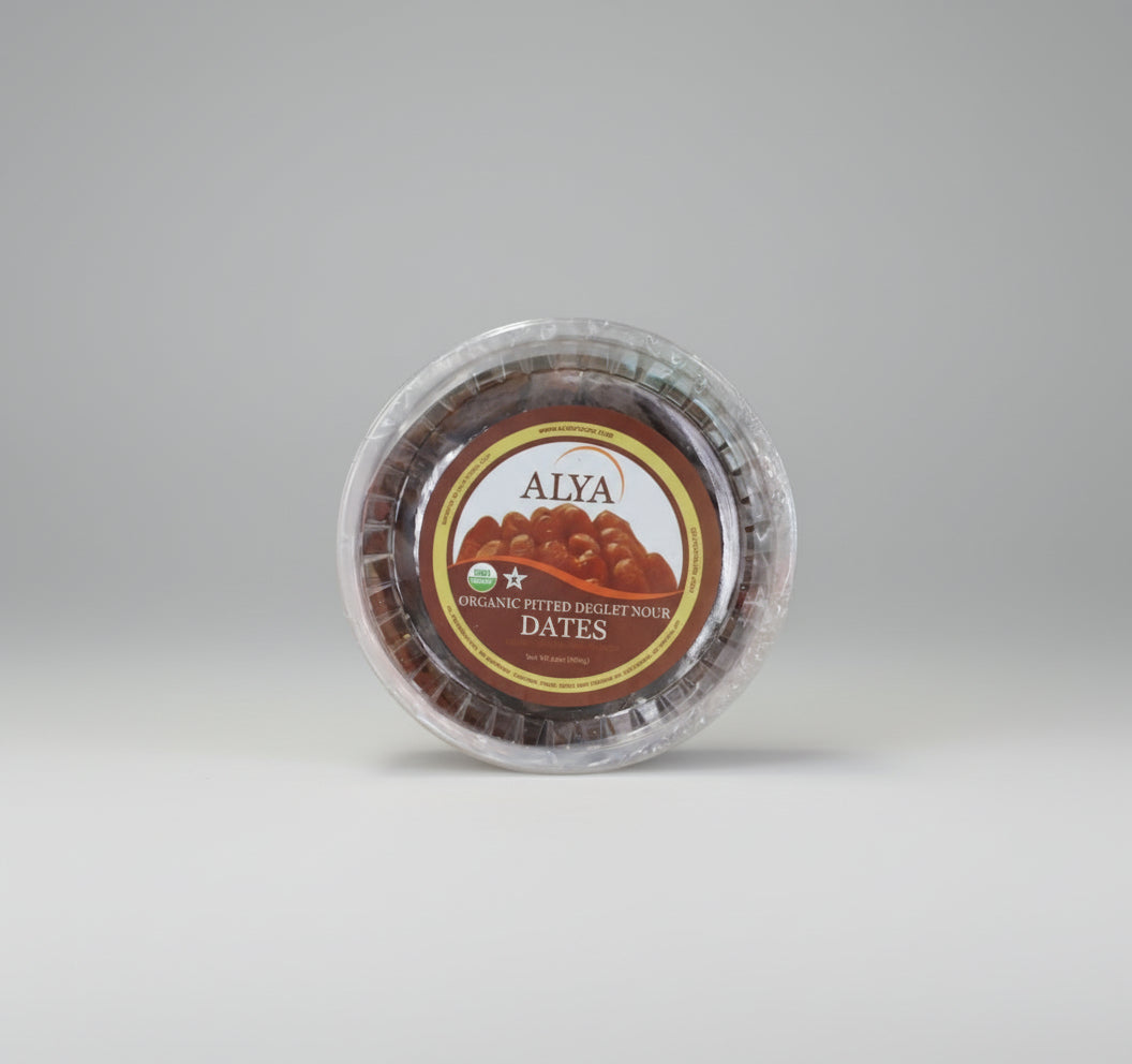Container of Alya Organic Pitted Deglet Nour Dates with a visible label.