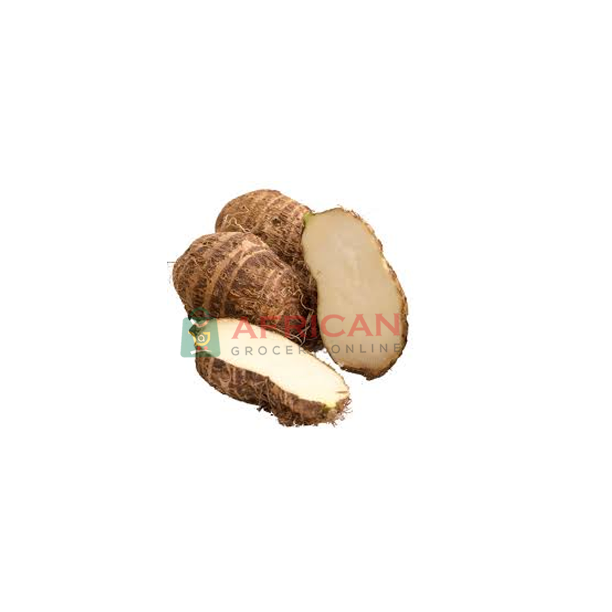 A group of fresh yams, one of which is cut in half to show the inside, against a white background with a watermark text that reads 'African Grocery Online'.