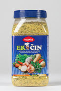 Yumis Ekcin food seasoning jar with blue lid and label showing vegetables.