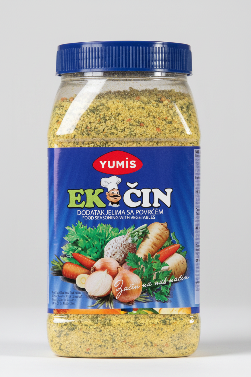 Yumis Ekcin food seasoning jar with blue lid and label showing vegetables.