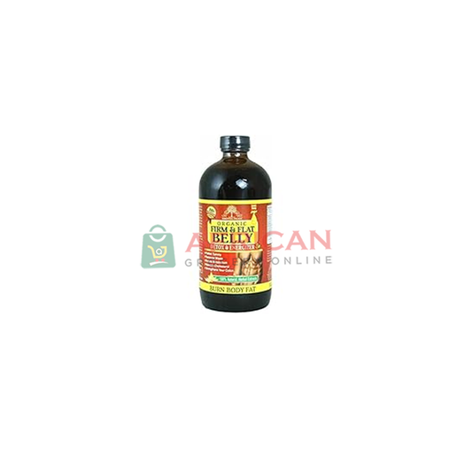 Bottle of Flat Belly Bitters, with label displaying product name and branding.