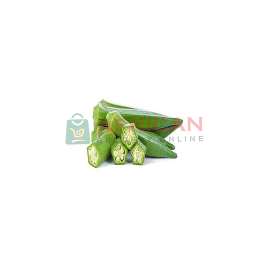Fresh okra pods on a white background with a label indicating 'African Grocery Online'.