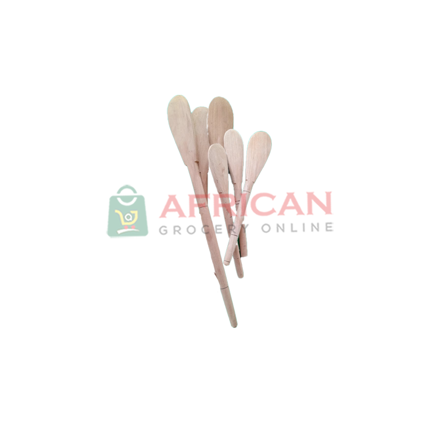 A collection of beige fufu sticks, commonly used for cooking, against a white background with a logo and text indicating the brand African Grocery Online.