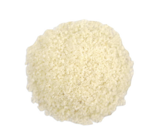 Round ball of white rice krispies on a white background