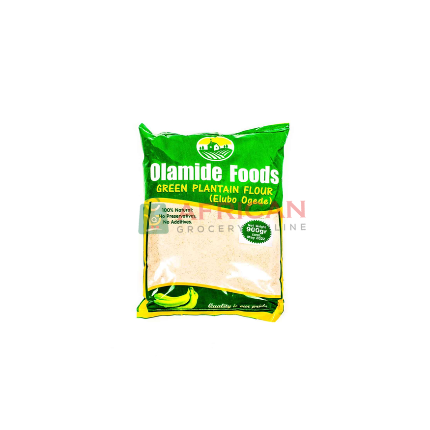 A packaged product of Olamide Foods Green Plantain Flour, weighing 250g, with branding and product information visible.