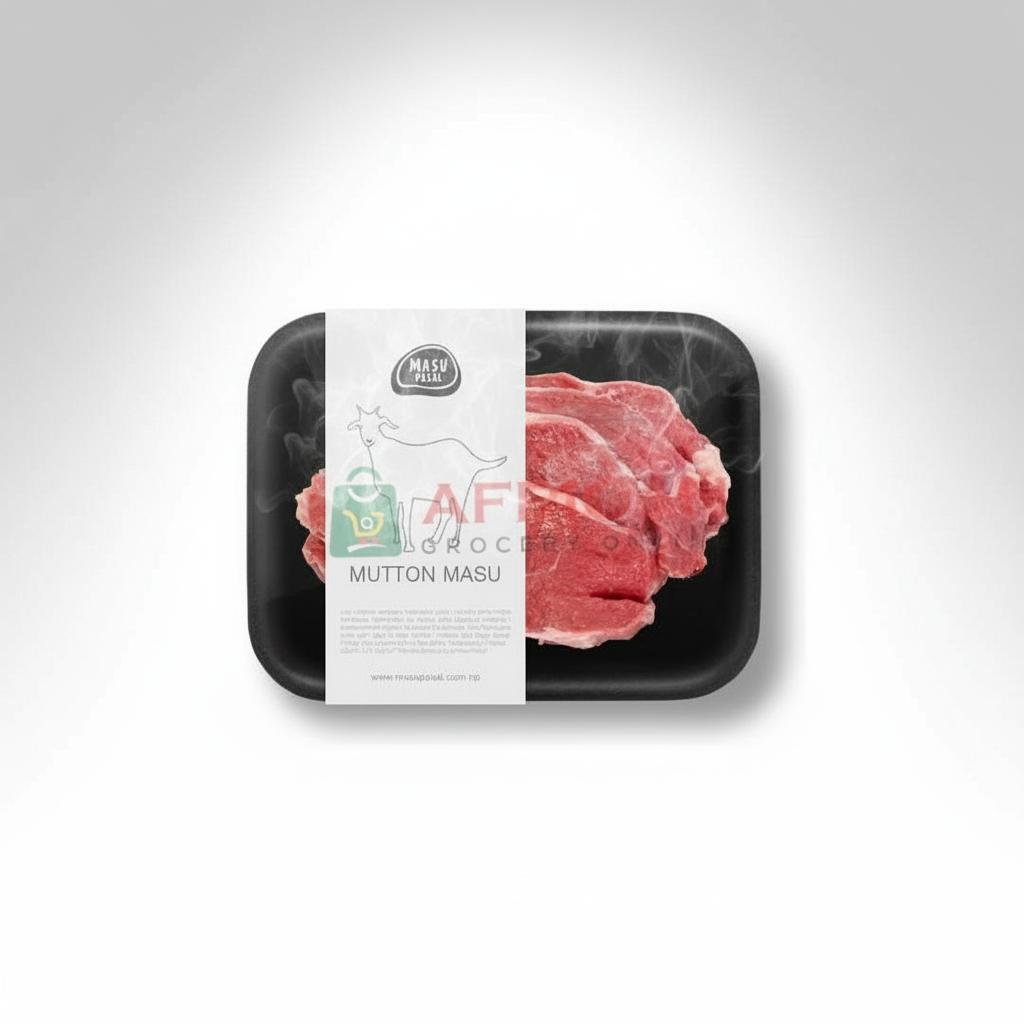 Packaged frozen burnt goat meat in a black plastic tray with a white and green label that reads 'MUTTON ASUA' and 'African Gourmet Meats'.